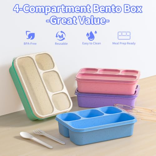 5-Pack Four-Compartment Wheat Straw Bento Boxes