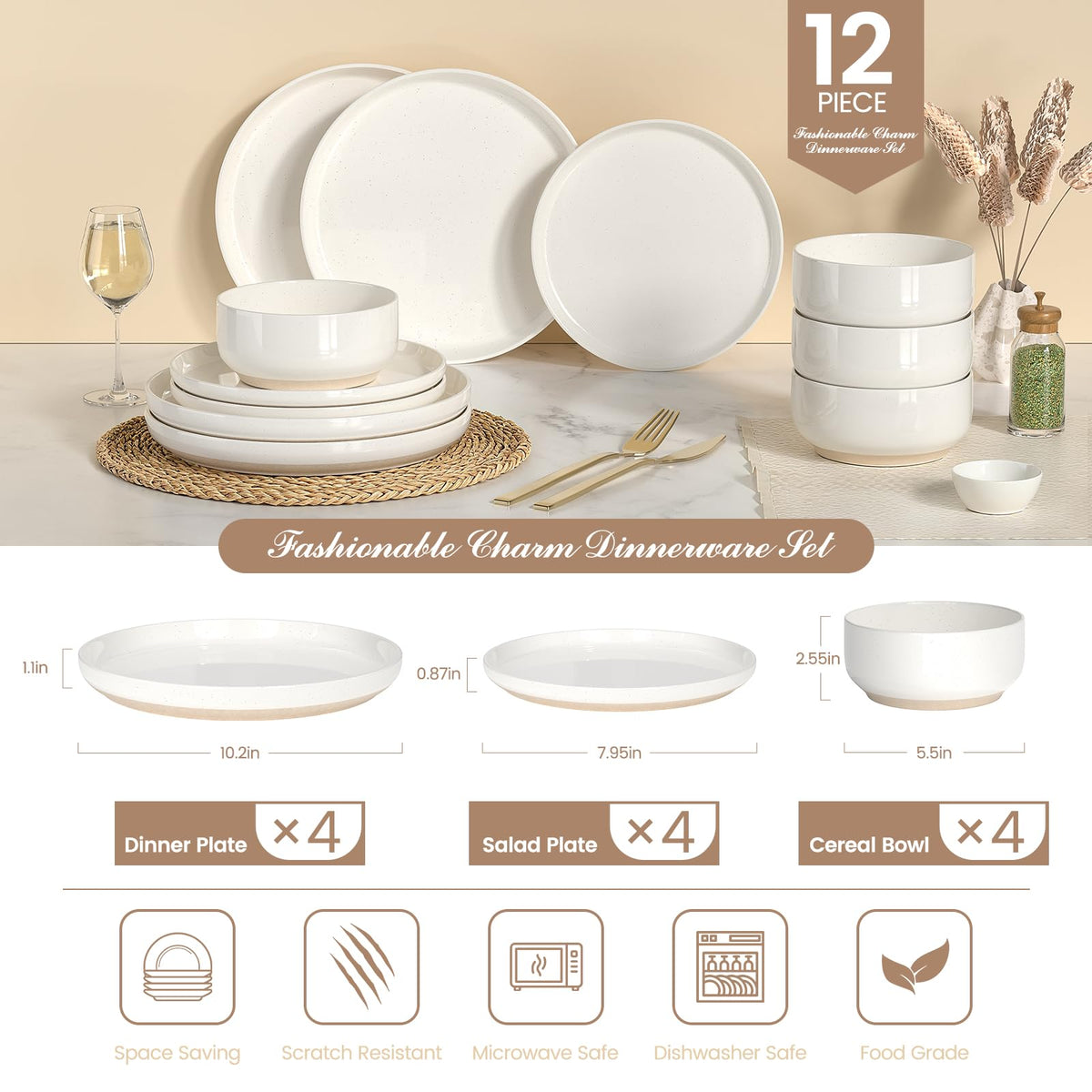 12-Piece Scratch-Resistant Dinnerware Set