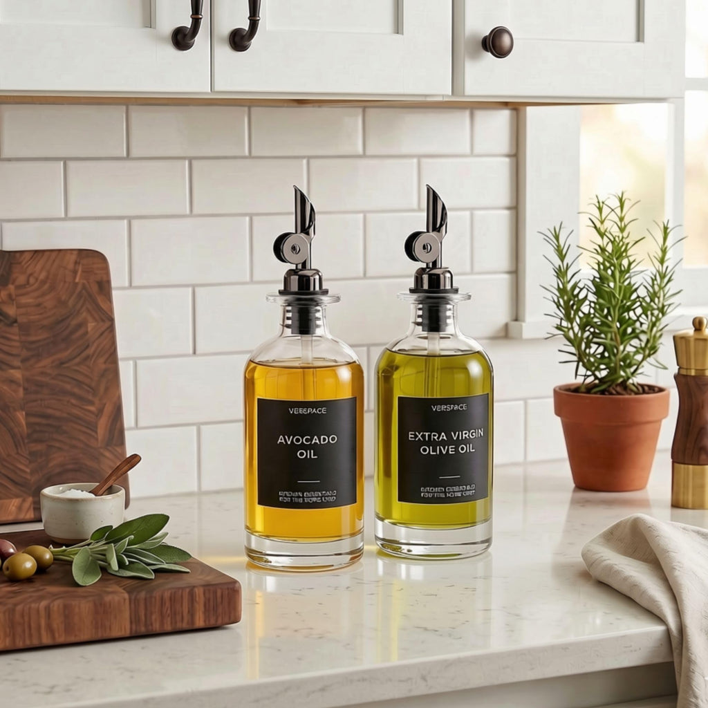 2-Piece Glass Oil Dispenser Set with 42 Labels