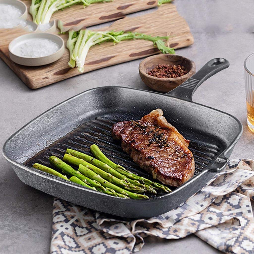 Cast Iron Grill Skillet with Wooden Handle