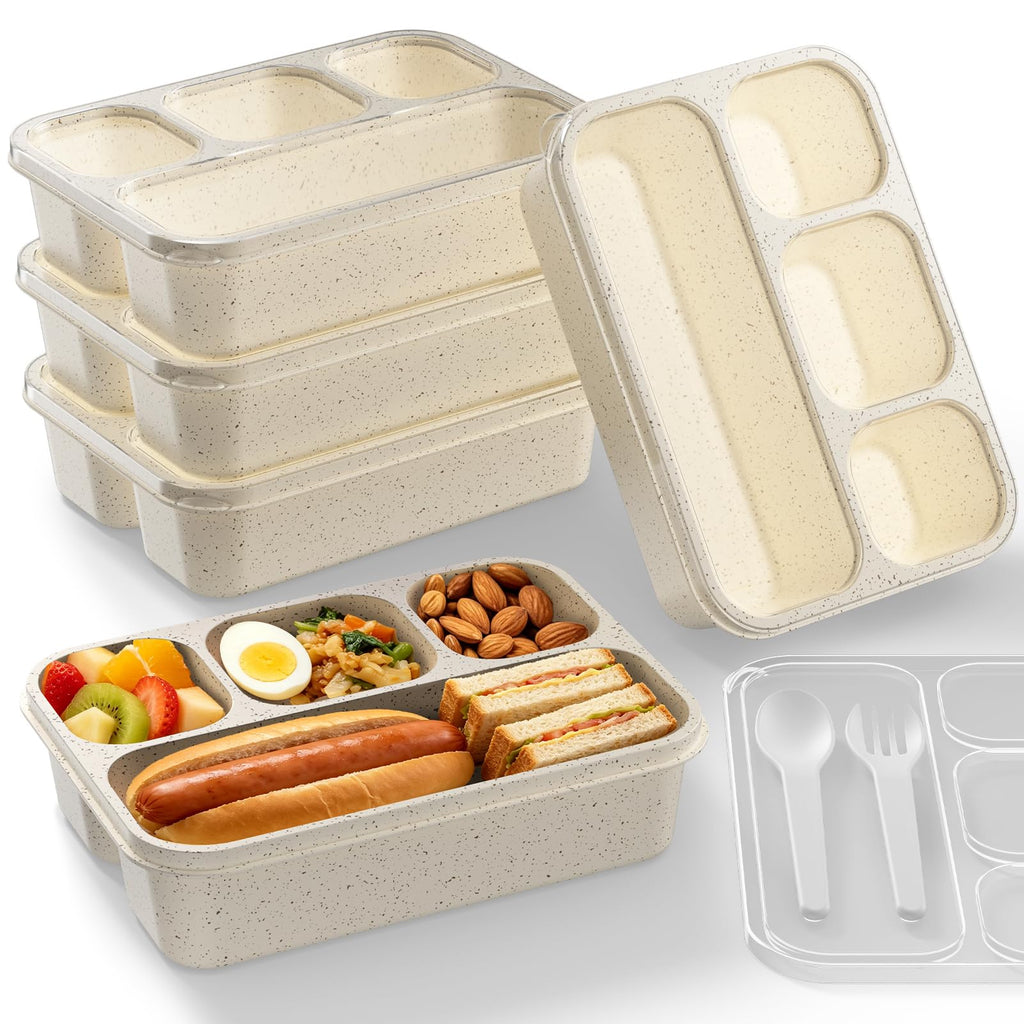 5-Pack Four-Compartment Wheat Straw Bento Boxes