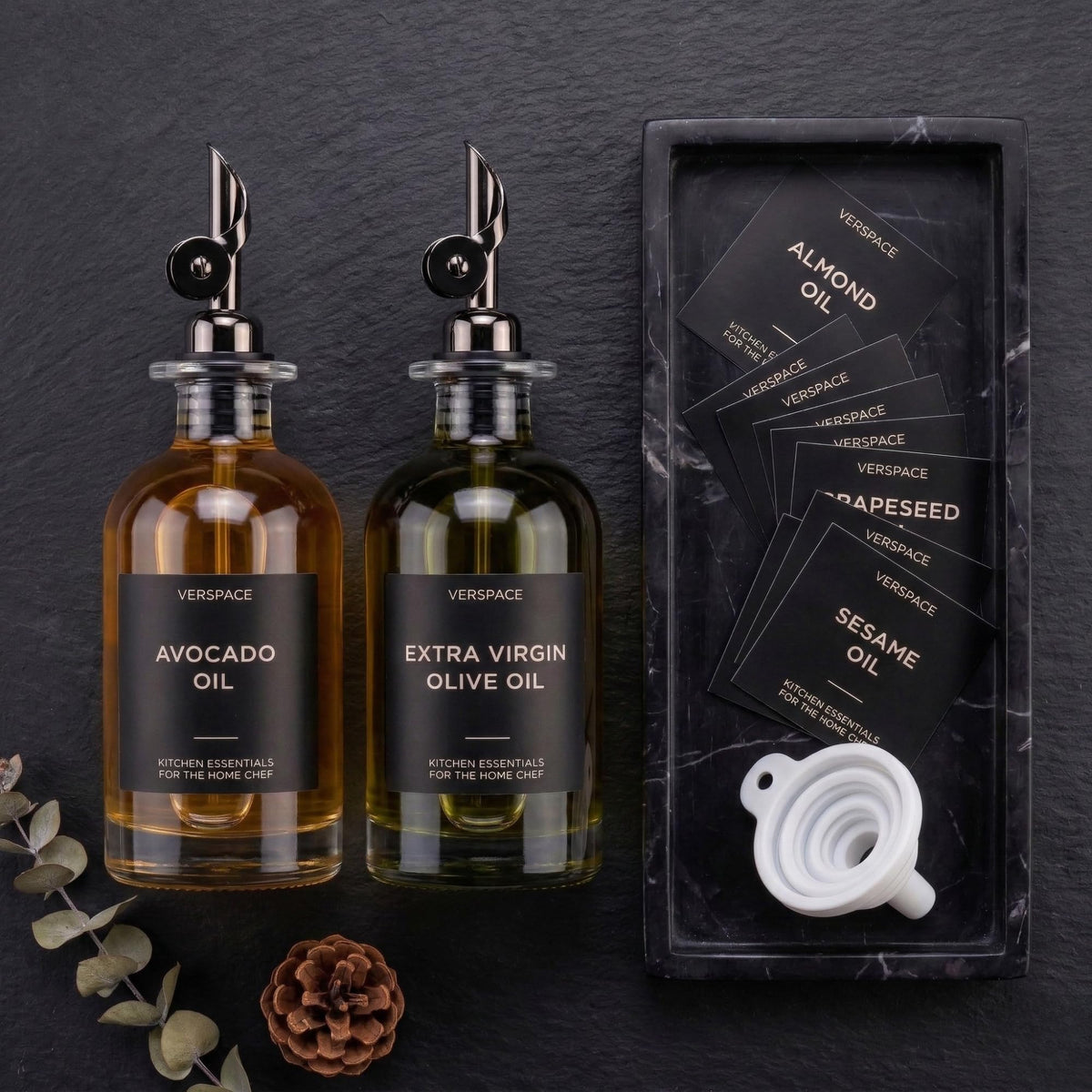 2-Piece Glass Oil Dispenser Set with 42 Labels